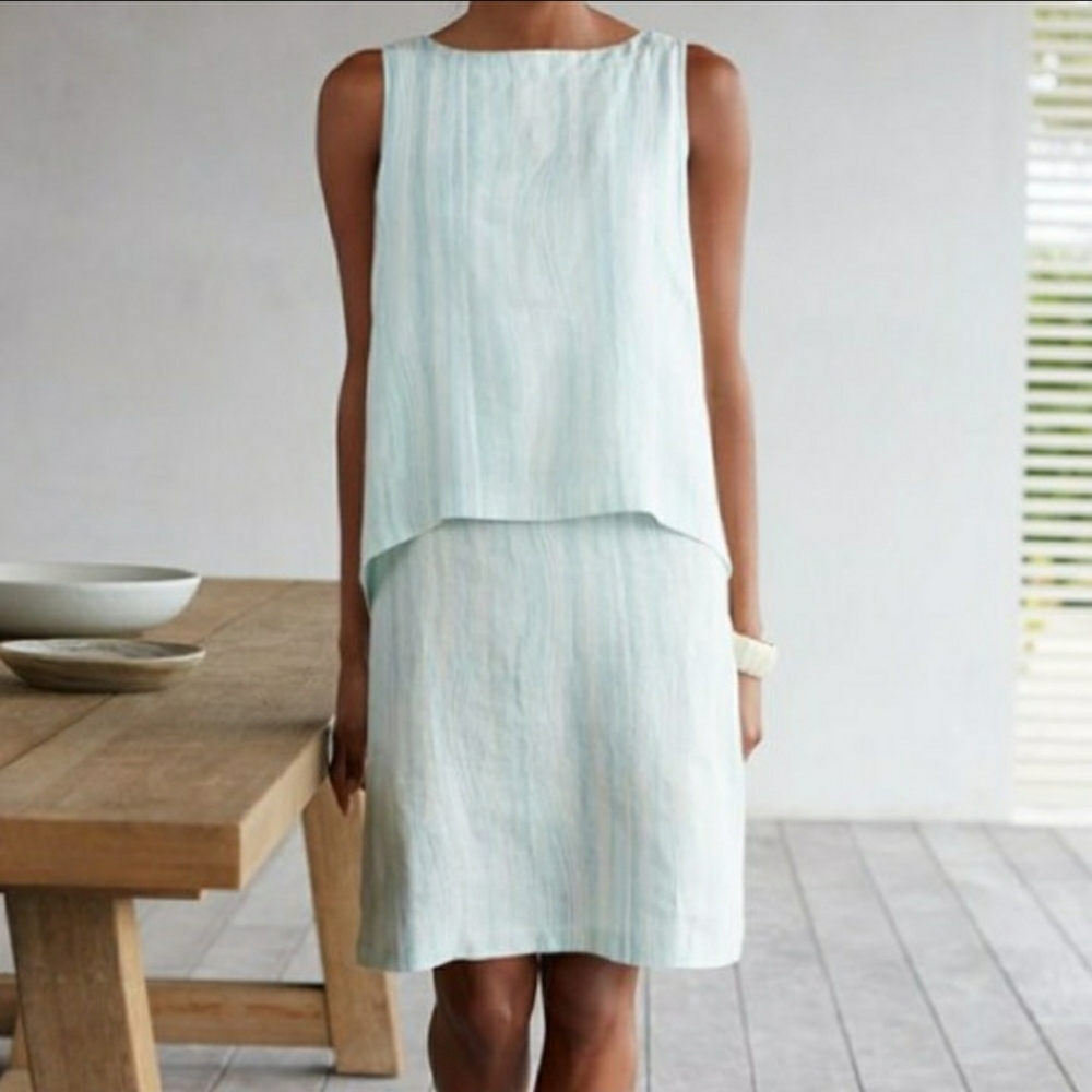 J. Jill Linen Tiered Blue & Green Striped Dress Size Medium